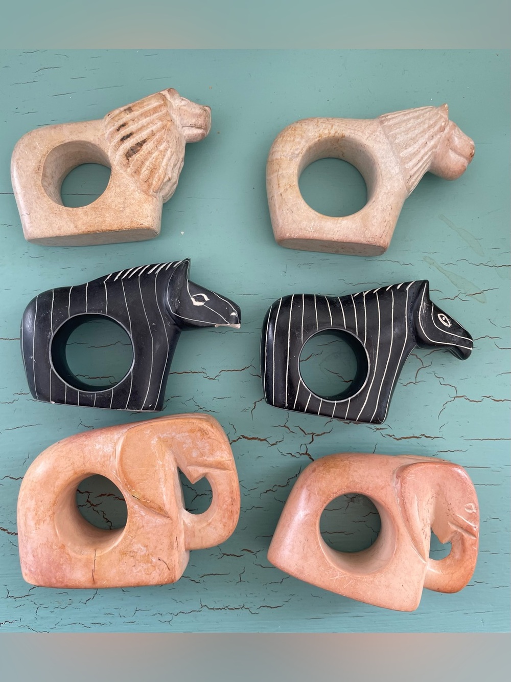 Vintage Hand Carved Soapstone  Napkin Rings Set of 6 Kenya Safari Zebra Lion